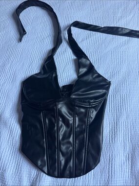Windsor Black Faux Leather Corset Halter Crop Top